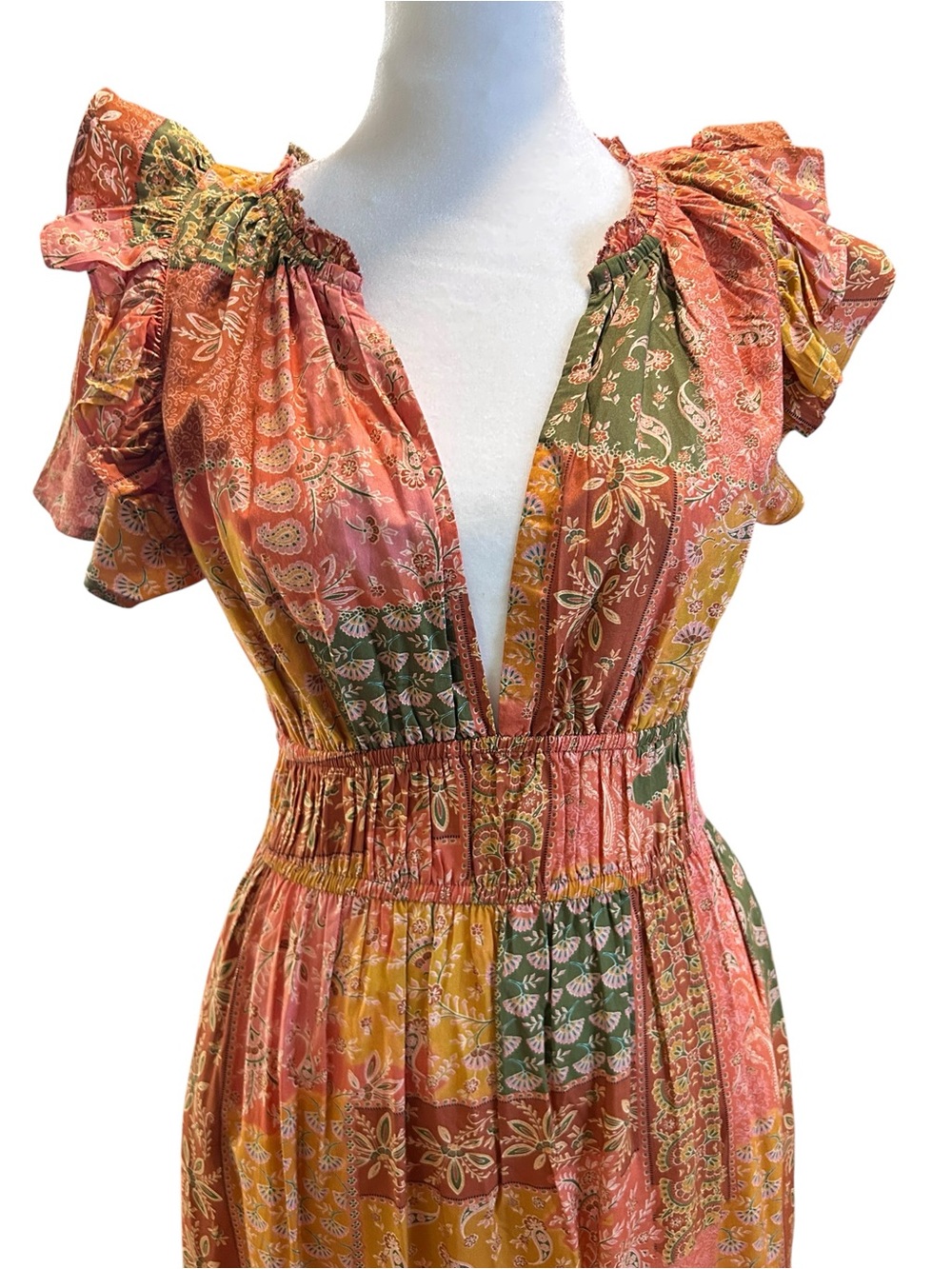 Bila Patchwork Boho Maxi Dress Ruffle Sleeve Plunge Neck Size XS/S - Picture 3 of 9